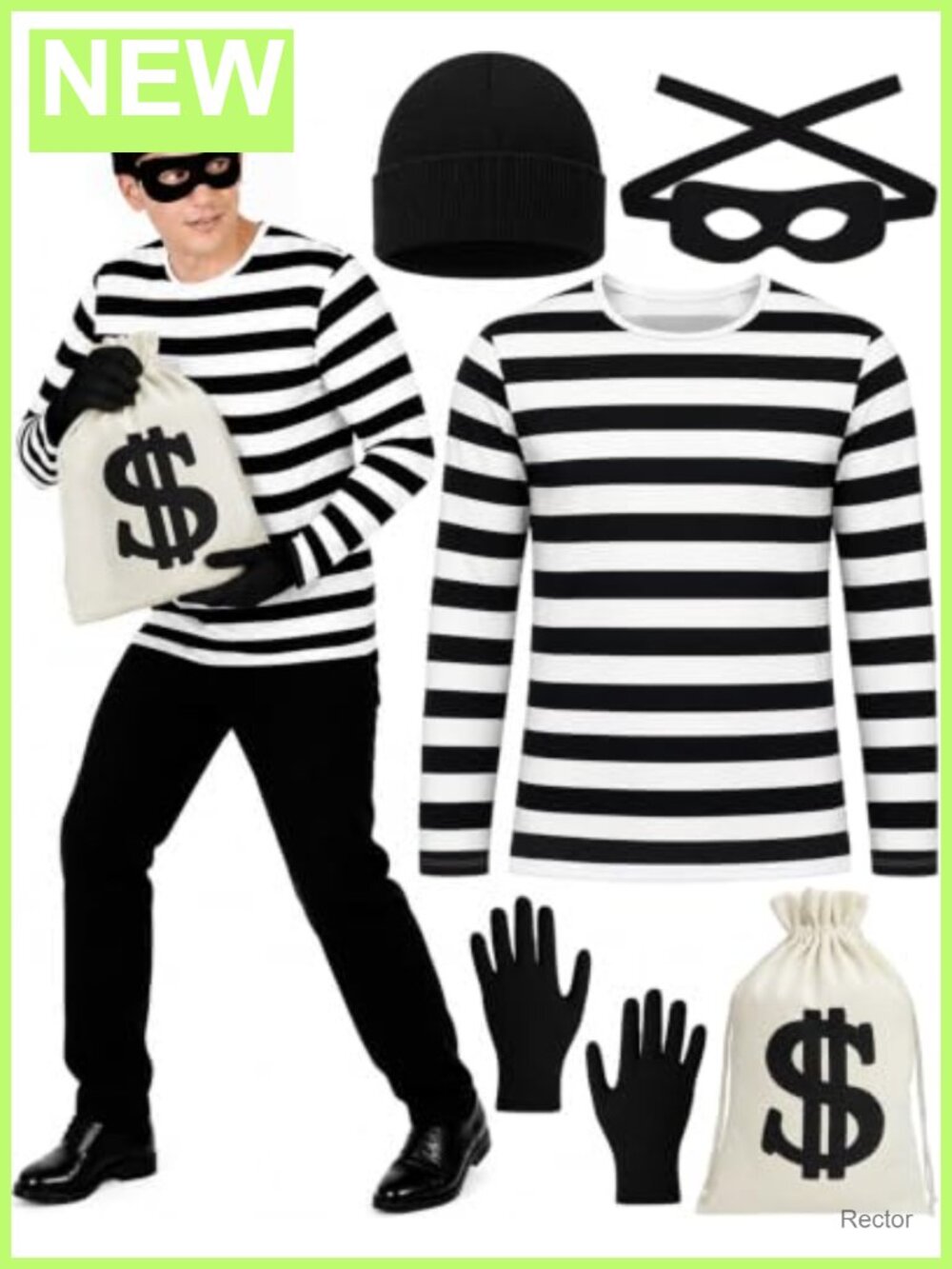 Men's Robber Costume 5pc Set Striped Shirt Mask Beanie Gloves Bag